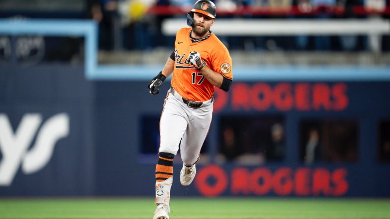 Baltimore Orioles outfielder Colton Cowser rounds the bases after hitting a home run during first inning MLB baseball action against the Toronto Blue Jays, in Toronto on Saturday, March 29, 2025. (THE CANADIAN PRESS/Christopher Katsarov)