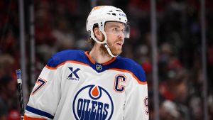 Edmonton Oilers centre Connor McDavid (97) looks on during the second period of an NHL hockey game against the Washington Capitals, Sunday, Feb. 23, 2025, in Washington. (Nick Wass/AP)
