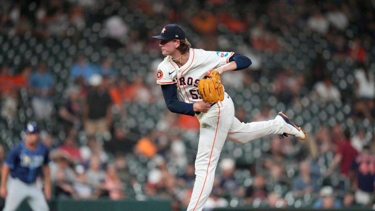 Houston Astros relief pitcher Forrest Whitley pitches against Tampa Bay Rays' Jose Caballero during the eighth inning of a baseball game, Thursday, May 29, 2025, in Houston. (Karen Warren/AP)