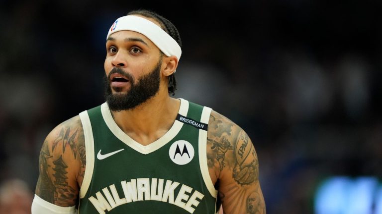 Milwaukee Bucks' Gary Trent Jr. reacts during the second half of an NBA basketball game against the Minnesota Timberwolves, Tuesday, April 8, 2025, in Milwaukee. (Aaron Gash/AP)
