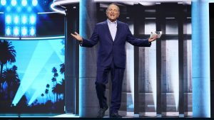 NHL commissioner Gary Bettman addresses the crowd ahead of Round 1 of the 2025 NHL Draft in Los Angeles. (Bruce Bennett/Getty)