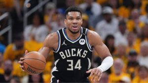Milwaukee Bucks forward Giannis Antetokounmpo (34) plays during the first half in Game 5 of an NBA basketball first-round playoff series in Indianapolis, Tuesday, April 29, 2025. (Michael Conroy/AP)
