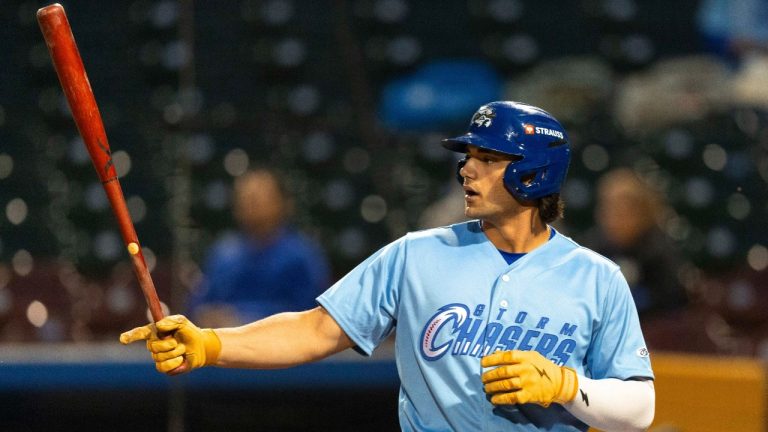 Omaha Storm Chasers' Jac Caglianone (14) takes an at bat in the eighth inning of a minor league baseball game against the St. Paul Saints in Papillion, Neb., Tuesday, May 27, 2025. (Chris Machian/Omaha World-Herald via AP)