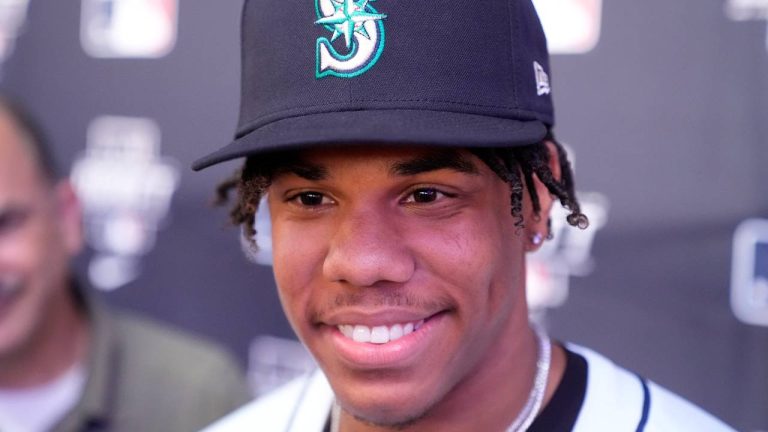 Jurrangelo Cijntje is interviewed after being selected 15th overall by the Seattle Mariners in the first round of the MLB baseball draft in Fort Worth, Texas. (LM Otero/AP)