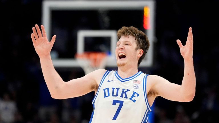 Duke guard Kon Knueppel reacts during the second half of an NCAA college basketball game against Louisville in the championship of the Atlantic Coast Conference tournament, Saturday, March 15, 2025, in Charlotte, N.C. (Chris Carlson/AP)