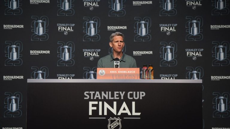 Edmonton Oilers head coach Kris Knoblauch speaks during an NHL Stanley Cup Final news conference, in Edmonton, on Thursday, June 5, 2025. (Darryl Dyck/CP)