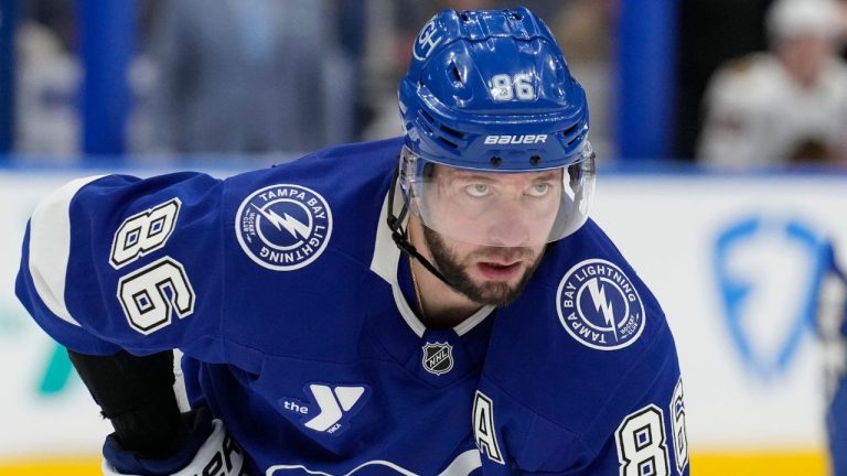 Tampa Bay Lightning right wing Nikita Kucherov (86) against the Chicago Blackhawks during the second period of an NHL hockey game Tuesday, Jan. 28, 2025, in Tampa, Fla. (Chris O'Meara/AP)