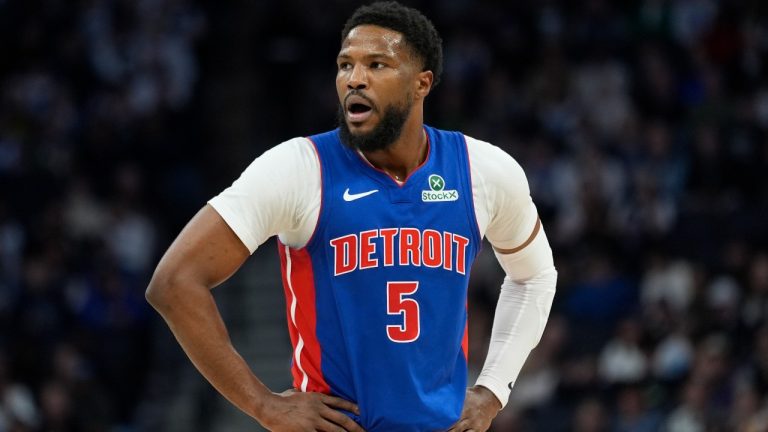 Detroit Pistons guard Malik Beasley (5) stands on the court during the first half of an NBA basketball game against the Minnesota Timberwolves, Sunday, March 30, 2025, in Minneapolis. (AP Photo/Abbie Parr)