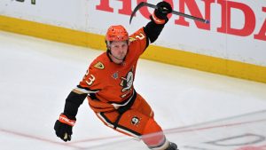 Anaheim Ducks centre Mason McTavish celebrates after scoring a goal during the third period of an NHL hockey game against the Edmonton Oilers, Monday, April 7, 2025, in Anaheim, Calif. (Jayne Kamin-Oncea/AP)
