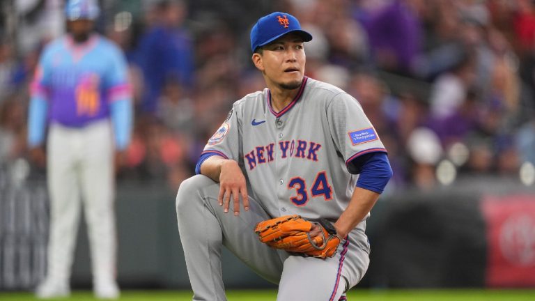 New York Mets starting pitcher Kodai Senga (34) in the fifth inning of a baseball game Friday, June 6, 2025, in Denver. (David Zalubowski/AP)