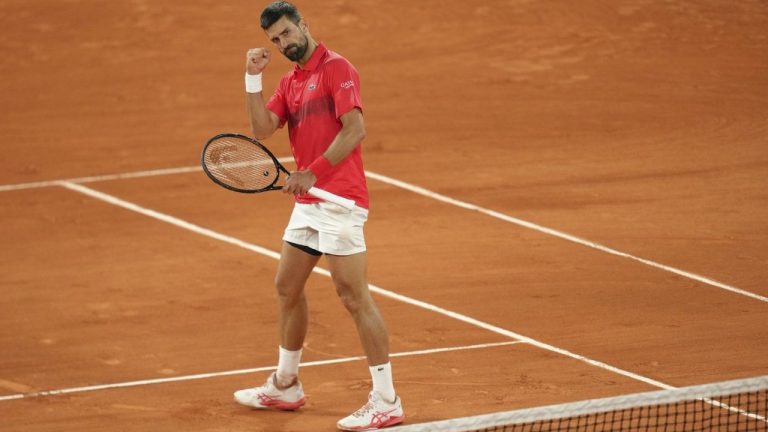 Serbia's Novak Djokovic reacts during the quarterfinal match of the French Open against Germany's Alexander Zverev at the Roland-Garros stadium in Paris, Wednesday, June 4, 2025. (AP/Aurelien Morissard)