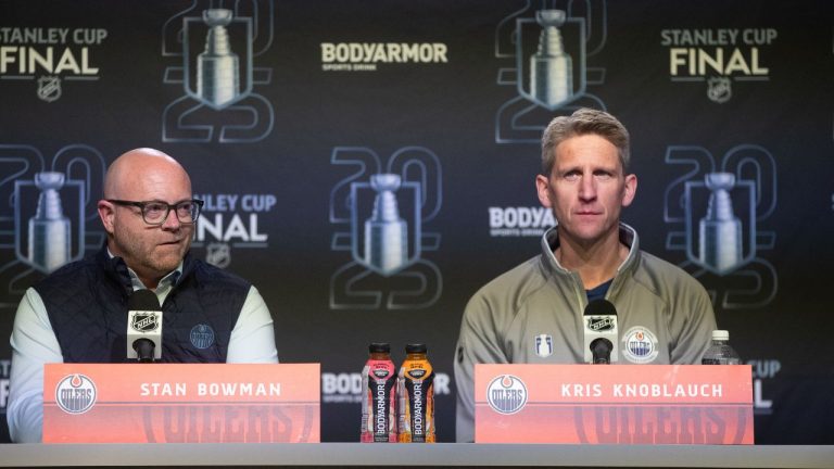 Edmonton Oilers general Manager Stan Bowman and head coach Kris Knoblauch speak to media before Game 1 of the Stanley Cup final against the Florida Panthers in Edmonton on Tuesday, June 3, 2025. (Jason Franson/CP)