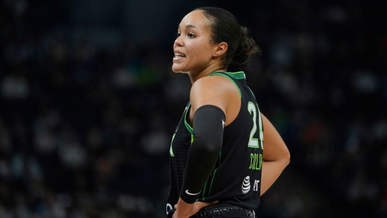 Minnesota Lynx forward Napheesa Collier (24) stands on the court during the second half of a WNBA basketball game against the Phoenix Mercury, Tuesday, June 3, 2025, in Minneapolis. (Abbie Parr/AP)
