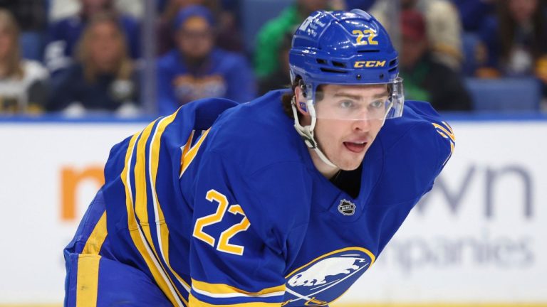 Buffalo Sabres right wing Jack Quinn (22) lines up for a faceoff during the first period of an NHL hockey game against the Vegas Golden Knights Saturday, March 15, 2025, in Buffalo, N.Y. (Jeffrey T. Barnes/AP)