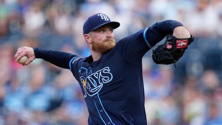 Tampa Bay Rays starting pitcher Drew Rasmussen throws during the first inning of a baseball game against the Kansas City Royals. (Charlie Riedel/AP)