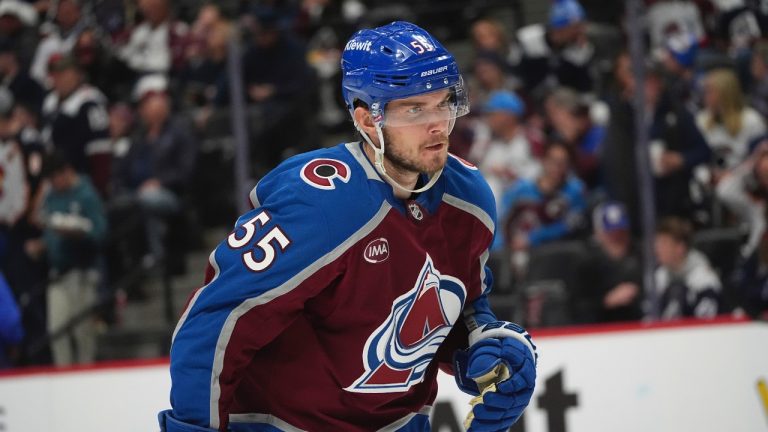 Colorado Avalanche defenceman Ryan Lindgren in the second period of Game 6 of an NHL first-round playoff series Thursday, May 1, 2025, in Denver. (AP/David Zalubowski)