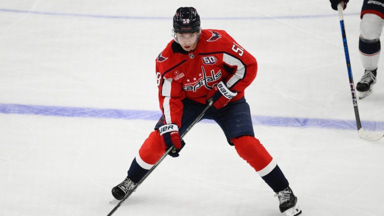 Washington Capitals right wing Henrik Rybinski in action during the third period of an NHL pre-season game against the Columbus Blue Jackets, Friday, Sept. 27, 2024, in Washington. (AP/Nick Wass)