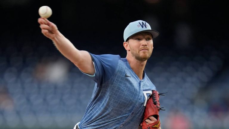 Washington Nationals starting pitcher Michael Soroka throws to the Texas Rangers during the first inning of a baseball game at Nationals Park. (Jess Rapfogel/AP)