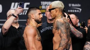 Ilia Topuria, left, and Charles Oliveira face off ahead of UFC 317. (UFC Press)