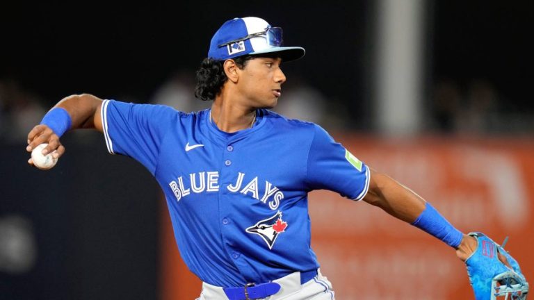Toronto Blue Jays shortstop Arjun Nimmala warms up during the first inning of a spring training baseball game against the New York Yankees Friday, Feb. 28, 2025, in Tampa, Fla. (Chris O'Meara/AP)