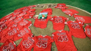 Jerseys with pitcher Tyler Skaggs' number are placed on the mound after the Los Angeles Angels completed a combined no-hitter against the Seattle Mariners during a baseball game Friday, July 12, 2019, in Anaheim, Calif. (Marcio Jose Sanchez/AP)