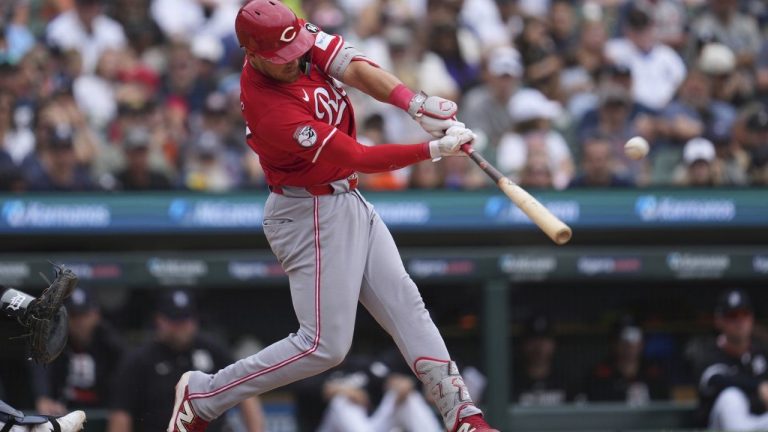 Cincinnati Reds' Tyler Stephenson hits a grand slam against the Detroit Tigers in the fifth inning during a baseball game, Saturday, June 14, 2025, in Detroit. (AP/Paul Sancya)