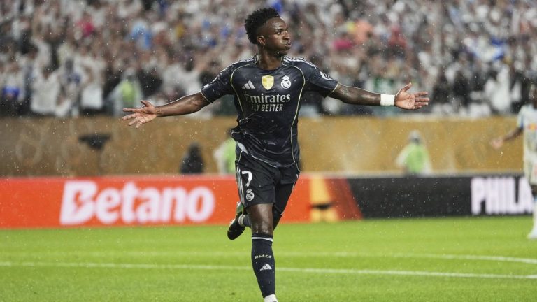 Real Madrid's Vinicius Junior celebrates after scoring his team's first goal during the Club World Cup Group H match between Salzburg and Real Madrid in Philadelphia, Thursday, June 26, 2025. (AP/Matt Slocum)
