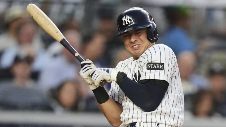 New York Yankees' Anthony Volpe reacts as he is hit by a pitch during the second inning of a baseball game against the Boston Red Sox, Friday, June 6, 2025, in New York. (Frank Franklin II/AP)