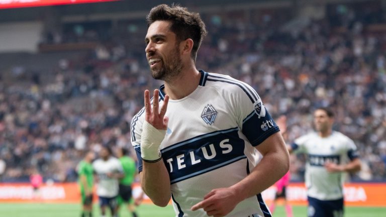 Vancouver Whitecaps' Brian White (24) celebrates his goal against the Austin FC during the second half of an MLS soccer match in Vancouver, on Saturday, April 12, 2025. (Ethan Cairns/CP)