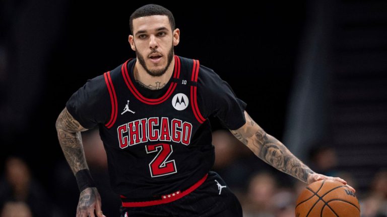 Chicago Bulls guard Lonzo Ball (2) brings the ball upcourt during the first half of an NBA basketball game against the Charlotte Hornets in Charlotte, N.C., Monday, Dec. 30, 2024. (Jacob Kupferman/AP)