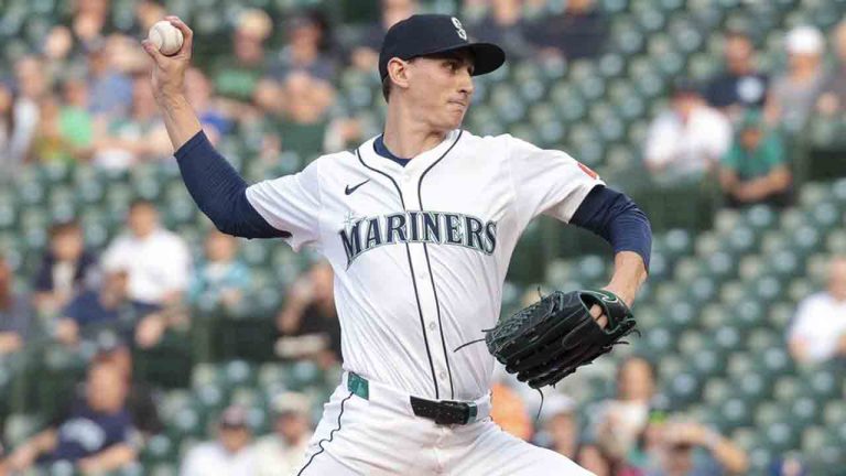 Seattle Mariners starting pitcher George Kirby throws during the first inning of a baseball game against the Baltimore Orioles, Tuesday, June 3, 2025, in Seattle. (Jason Redmond/AP)
