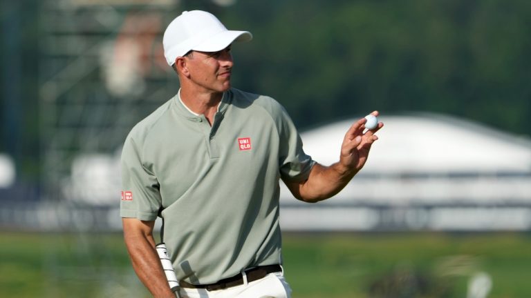 Adam Scott, of Australia, celebrates after making a putt on the 14th hole during the third round of the U.S. Open golf tournament at Oakmont Country Club Saturday, June 14, 2025, in Oakmont, Pa. (Gene J. Puskar/AP)