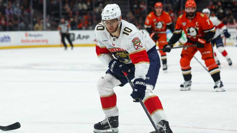 Florida Panthers left wing A.J. Greer (10) skates with the puck during the second period of an NHL hockey game against the Anaheim Ducks, Tuesday, Jan. 21, 2025, in Anaheim, Calif. (Jessie Alcheh/AP)