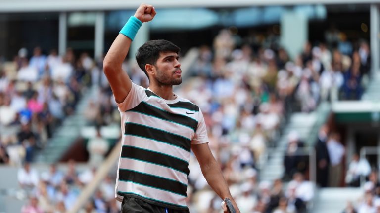 Spain's Carlos Alcaraz reacts as he plays against Italy's Jannik Sinner during their final match of the French Tennis Open at the Roland-Garros stadium in Paris, Sunday, June 8, 2025. (Lindsey Wasson/AP)