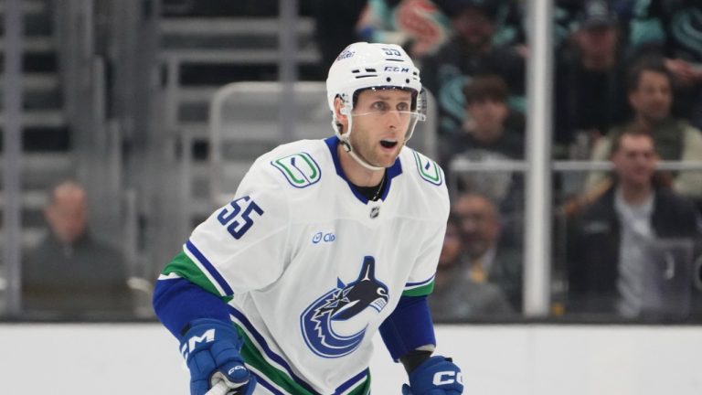 Vancouver Canucks defenceman Guillaume Brisebois in action against the Seattle Kraken during an NHL hockey game Thursday, Jan. 2, 2025, in Seattle. (Lindsey Wasson/AP)