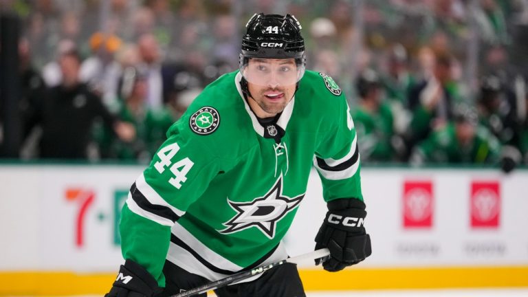 Dallas Stars defenceman Cody Ceci waits for the puck drop against the Winnipeg Jets during the first period of an NHL hockey game Thursday, April 10, 2025, in Dallas. (Julio Cortez/AP Photo)