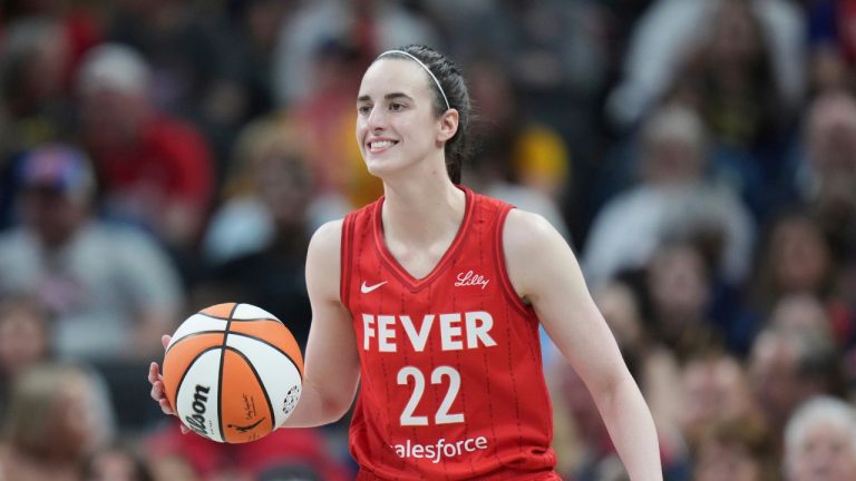Indiana Fever guard Caitlin Clark in action during a WNBA game against the Chicago Sky in Indianapolis, Saturday, May 17, 2025. (AJ Mast/AP)