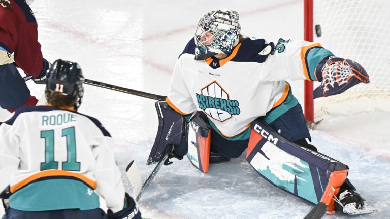 Montreal Victoire's Cayla Barnes (3) scores against New York Sirens goaltender Corinne Schroeder as Sirens' Abby Roque (11) looks on during second period PWHL hockey action in Laval, Que., Wednesday, December 4, 2024. (Graham Hughes/CP)