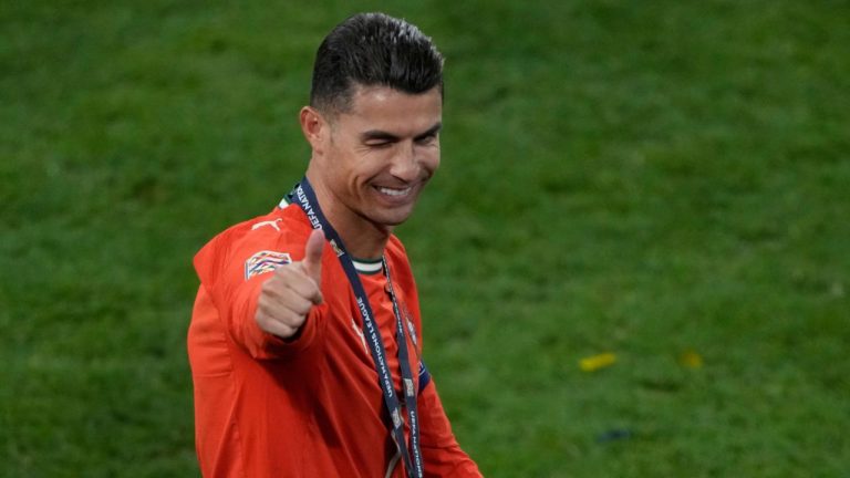 Portugal's Cristiano Ronaldo celebrates after winning the Nations League soccer championship at the Allianz Arena in Munich, Germany, Sunday, June 8, 2025. (Michael Probst/AP)