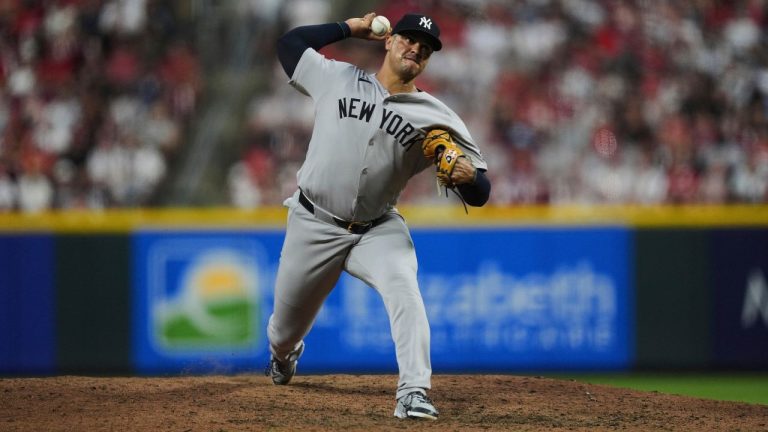 New York Yankees pitcher Fernando Cruz delivers during the seventh inning of a baseball game against the Cincinnati Reds, Tuesday, June 24, 2025, in Cincinnati. (Joshua A. Bickel/AP)