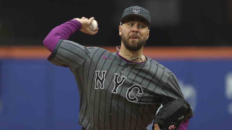 New York Mets' Tylor Megill pitches during the second inning of a baseball game against the Tampa Bay Rays Saturday, June 14, 2025, in New York. (Pamela Smith/AP)