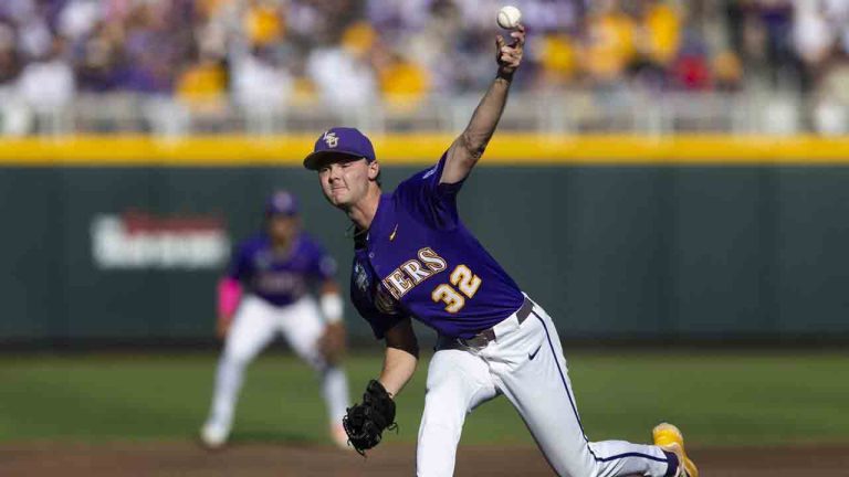 LSU starting pitcher Kade Anderson (32) throws against Coastal Carolina in the first inning of Game 1 of the NCAA College World Series baseball finals in Omaha, Neb., Saturday, June 21, 2025. (Rebecca S. Gratz/AP)