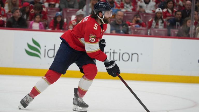 Florida Panthers defenceman Aaron Ekblad (5) warms up before Game 4 of the NHL hockey Stanley Cup Eastern Conference Final against the Carolina Hurricanes, Monday, May 26, 2025, in Sunrise, Fla. (Lynne Sladky/AP)