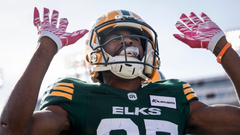 Edmonton Elks' Eugene Lewis celebrates his touchdown during first half CFL football action against the Calgary Stampeders in Calgary, Saturday, Oct. 12, 2024.CFL free agency continues Wednesday with all nine teams expected to make moves after a busy opening day Tuesday. (Jeff McIntosh/CP)