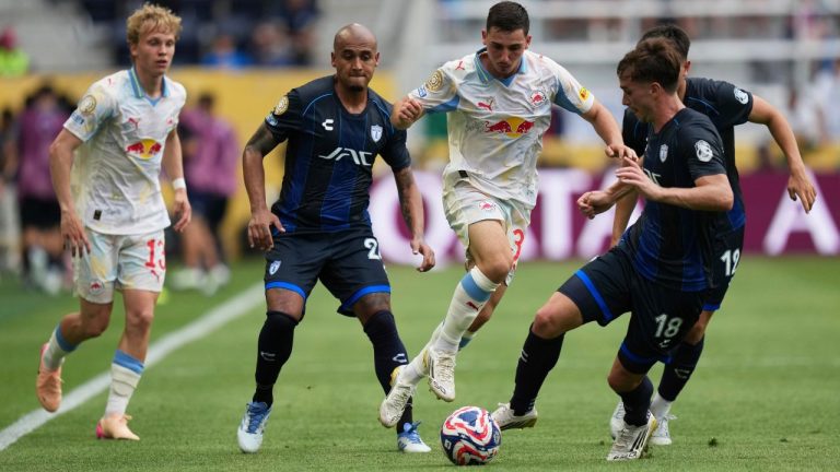 Red Bull Salzburg's Oscar Gloukh battles against Pachuca's Agustin Palavecino, right, during the Club World Cup group H soccer match between CF Pachuca and FC Salzburg in Cincinnati, Wednesday, June 18, 2025. (Joshua A. Bickel/AP)