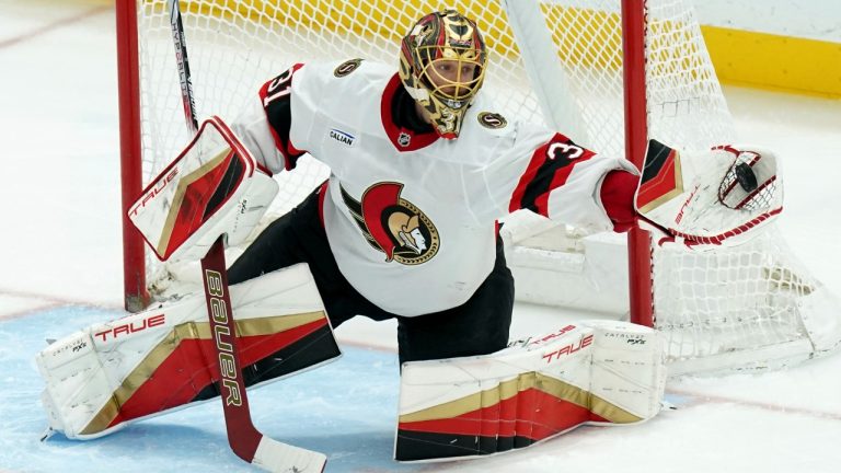 Ottawa Senators goaltender Anton Forsberg makes a save during the third period of an NHL hockey game against the Pittsburgh Penguins, Sunday, March 30, 2025, in Pittsburgh. (Matt Freed/AP)
