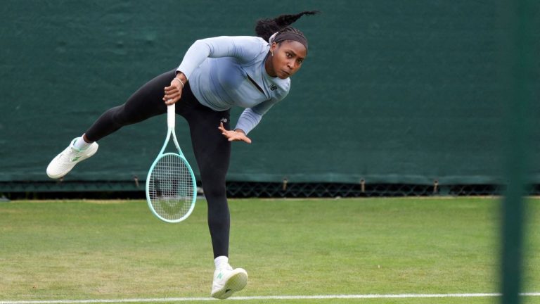Coco Gauff during a practice session at the All England Lawn Tennis and Croquet Club, ahead of the Wimbledon Championships, England, Tuesday June 24, 2025. (Ben Whitley/PA via AP)