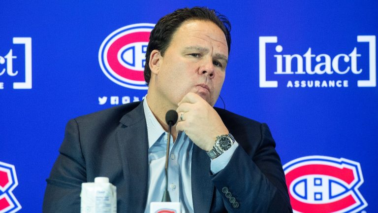 Montreal Canadiens executive vice-president of hockey operations Jeff Gorton speaks to media in Brossard, Que., Thursday, February, 10, 2022. (Graham Hughes/THE CANADIAN PRESS)