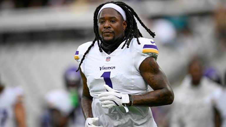 Minnesota Vikings cornerback Shaquill Griffin warms up before an NFL football game against the Jacksonville Jaguars, Nov. 10, 2024, in Jacksonville, Fla. (Phelan M. Ebenhack/AP)