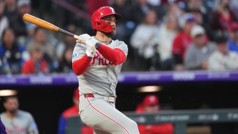 Philadelphia Phillies first baseman Bryce Harper (3) in the fifth inning of a baseball game Tuesday, May 20, 2025, in Denver. (David Zalubowski/AP)